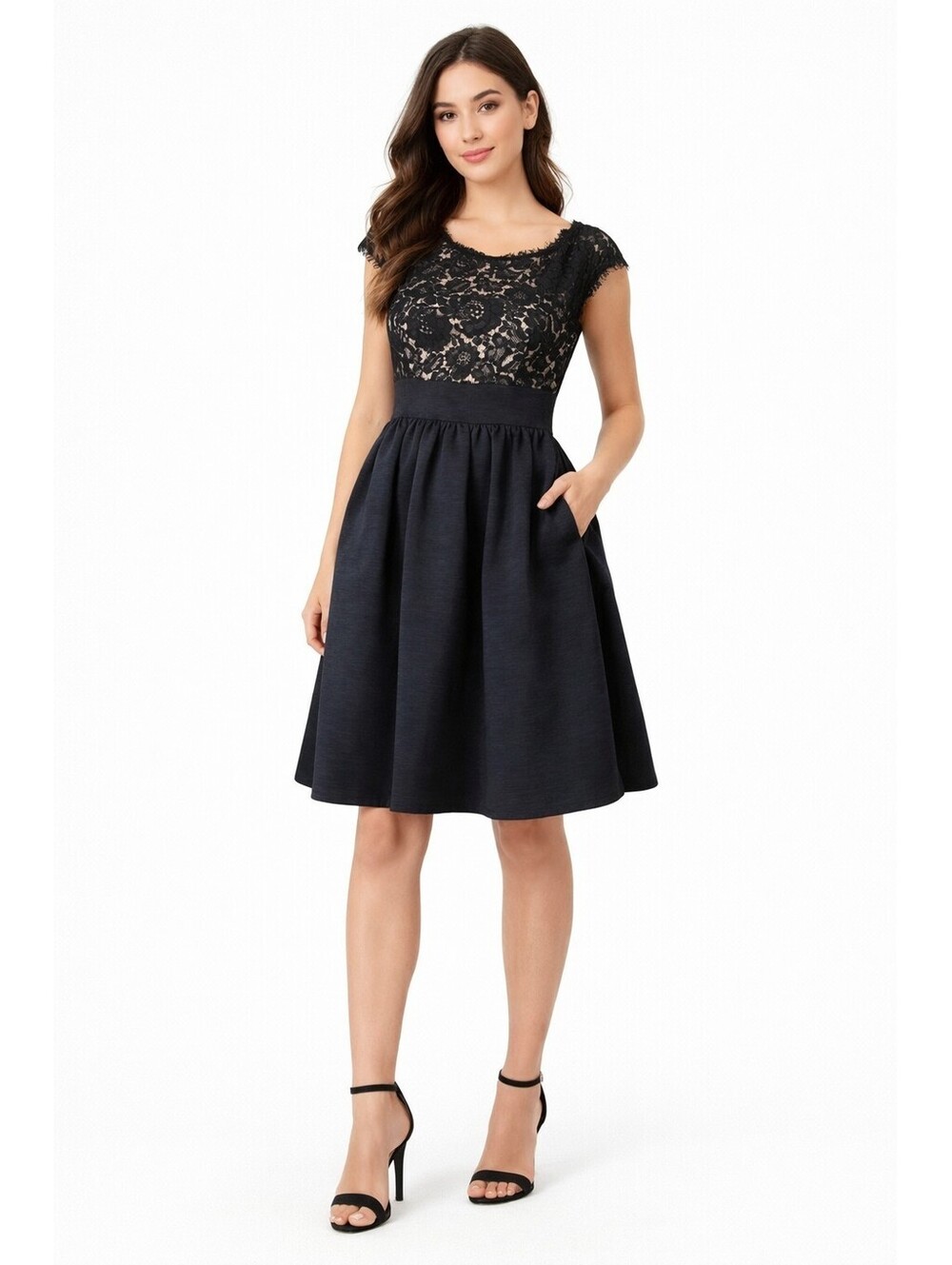 Eliza J Lace And Faille Cocktail Dress Black 14 Structured Fit & Flare Pockets